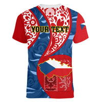 Personalised Czech Republic Independence Day Women V Neck T Shirt Czechia Coat Of Arms Embroidery Motif - Wonder Print Shop