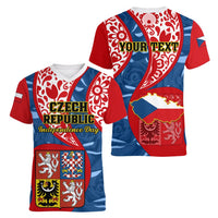 Personalised Czech Republic Independence Day Women V Neck T Shirt Czechia Coat Of Arms Embroidery Motif - Wonder Print Shop