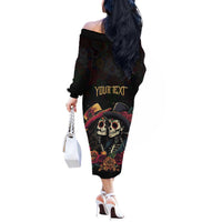 Personalised Sugar Skull Couple Valentine Off The Shoulder Long Sleeve Dress Roses Romantic Love