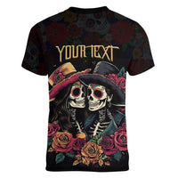 Personalised Sugar Skull Couple Valentine Women V-Neck T-Shirt Roses Romantic Love