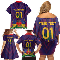 Custom Haiti Football Family Matching Off Shoulder Short Dress and Hawaiian Shirt Come On Les Grenadiers
