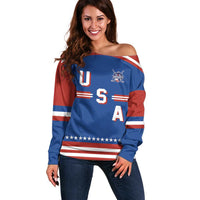 Custom Hockey 2026 USA Blue Off Shoulder Sweater United States Go Champions