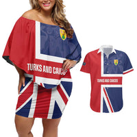 Personalised Turks and Caicos Islands Couples Matching Off Shoulder Short Dress and Hawaiian Shirt Come On Team TCI
