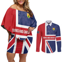 Personalised Turks and Caicos Islands Couples Matching Off Shoulder Short Dress and Long Sleeve Button Shirt Come On Team TCI