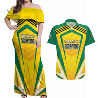 Custom Cricket Jamaica Scorpions Couples Matching Off Shoulder Maxi Dress and Hawaiian Shirt We Made Legends