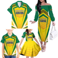 Custom Cricket Jamaica Scorpions Family Matching Off The Shoulder Long Sleeve Dress and Hawaiian Shirt We Made Legends