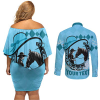 Personalized Kentucky Horse Racing Couples Matching Off Shoulder Short Dress and Long Sleeve Button Shirt Beauty and The Horse Blue Version LT01