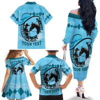 Personalized Kentucky Horse Racing Family Matching Off The Shoulder Long Sleeve Dress and Hawaiian Shirt Beauty and The Horse Blue Version LT01
