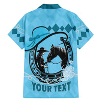 Personalized Kentucky Horse Racing Family Matching Off The Shoulder Long Sleeve Dress and Hawaiian Shirt Beauty and The Horse Blue Version LT01
