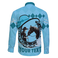 Personalized Kentucky Horse Racing Family Matching Off The Shoulder Long Sleeve Dress and Hawaiian Shirt Beauty and The Horse Blue Version LT01