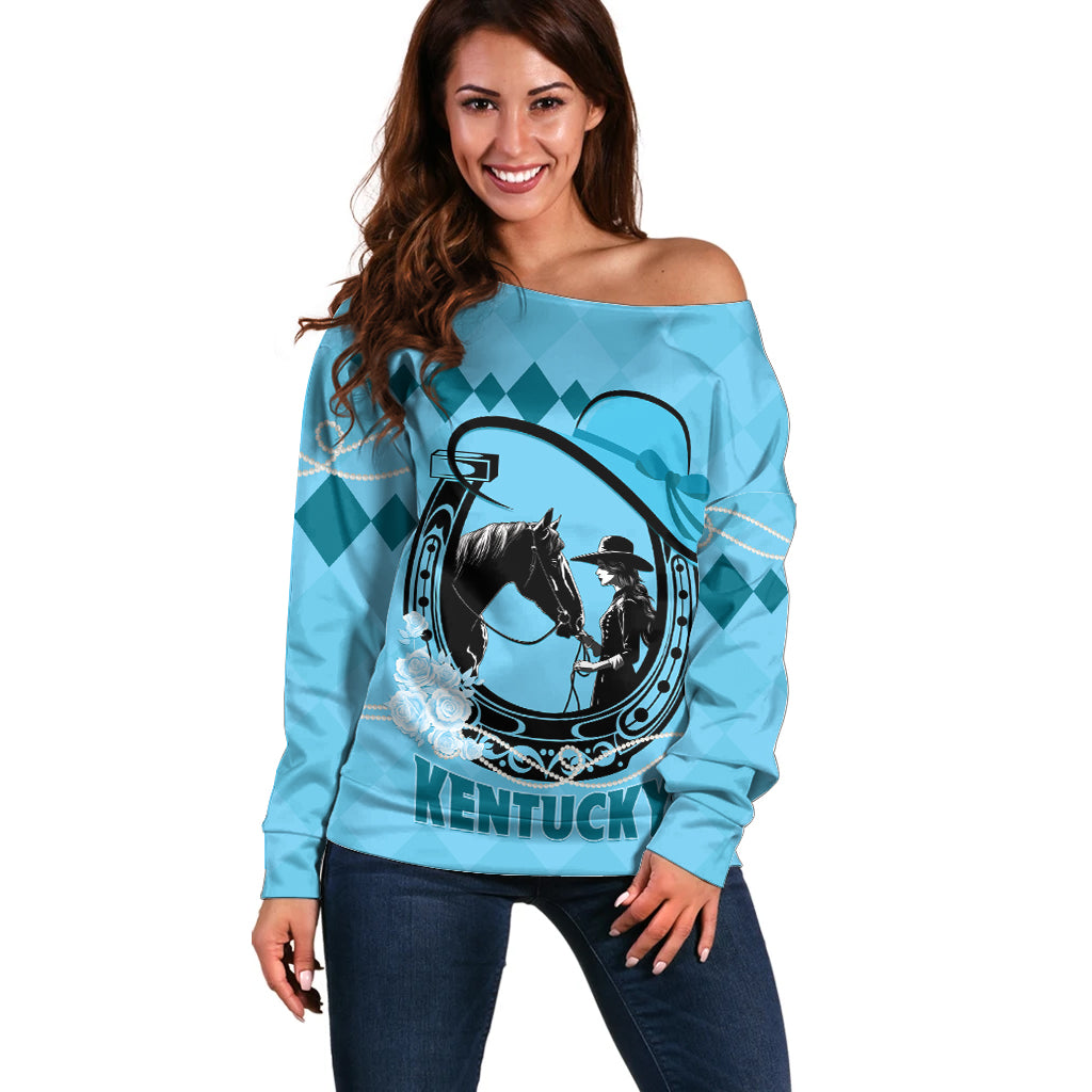 Personalized Kentucky Horse Racing 2024 Off Shoulder Sweater Beauty and The Horse Blue Version