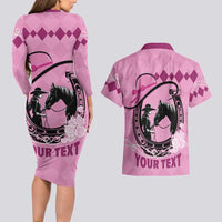 Personalized Kentucky Horse Racing Couples Matching Long Sleeve Bodycon Dress and Hawaiian Shirt Beauty and The Horse Pink Version LT01