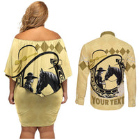 Personalized Kentucky Horse Racing Couples Matching Off Shoulder Short Dress and Long Sleeve Button Shirt Beauty and The Horse Yellow Version LT01