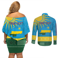 Personalized Rwanda Couples Matching Off Shoulder Short Dress and Long Sleeve Button Shirt Coat of Arms With African Pattern - Wonder Print Shop