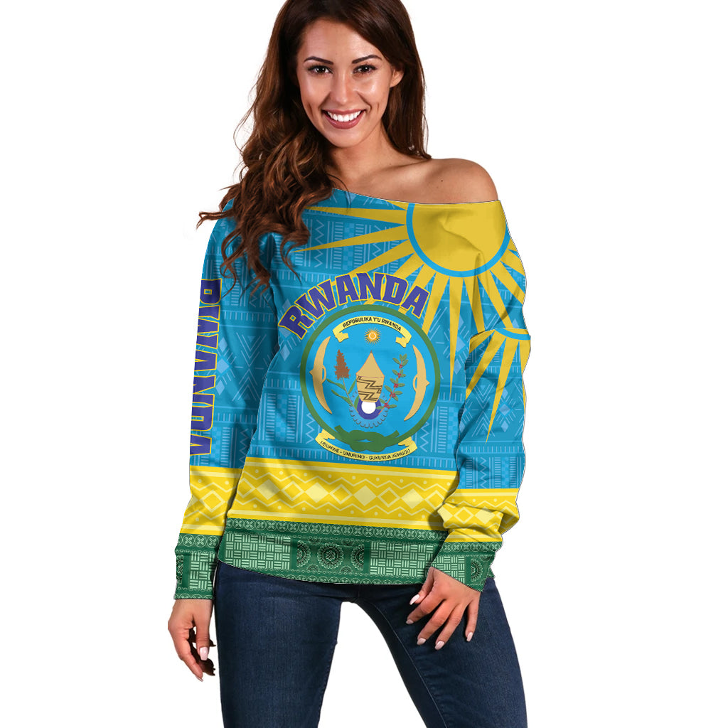 Personalized Rwanda Off Shoulder Sweater Coat of Arms With African Pattern