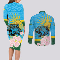 Rwanda Independence Day Couples Matching Long Sleeve Bodycon Dress and Long Sleeve Button Shirt Leopard With Roses - Wonder Print Shop