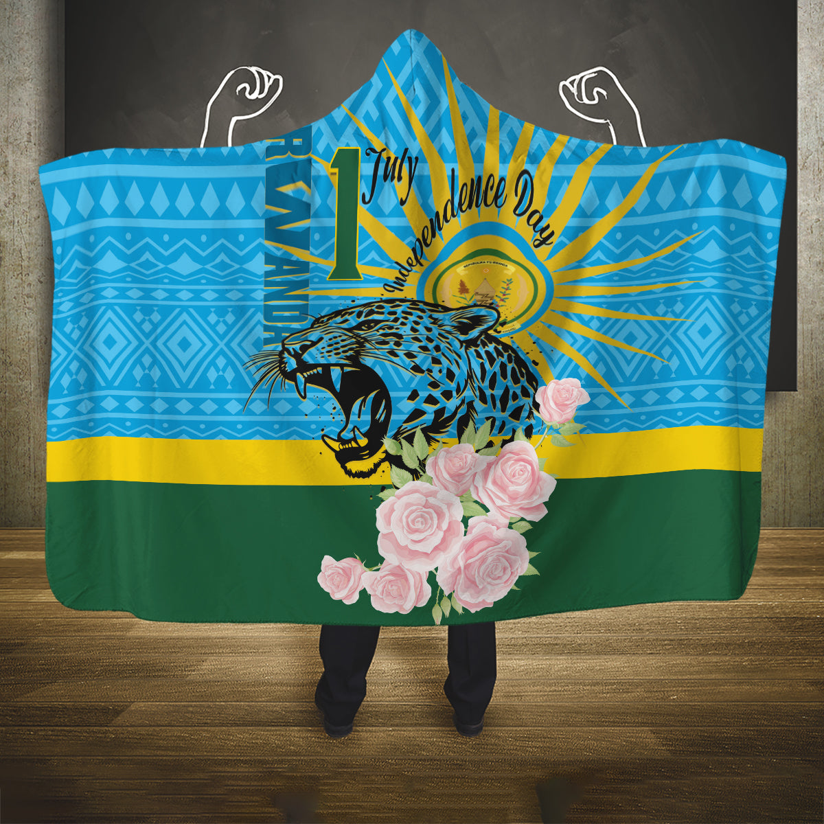 Rwanda Independence Day Hooded Blanket Leopard With Roses