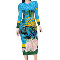 Rwanda Independence Day Long Sleeve Bodycon Dress Leopard With Roses - Wonder Print Shop