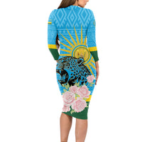 Rwanda Independence Day Long Sleeve Bodycon Dress Leopard With Roses - Wonder Print Shop