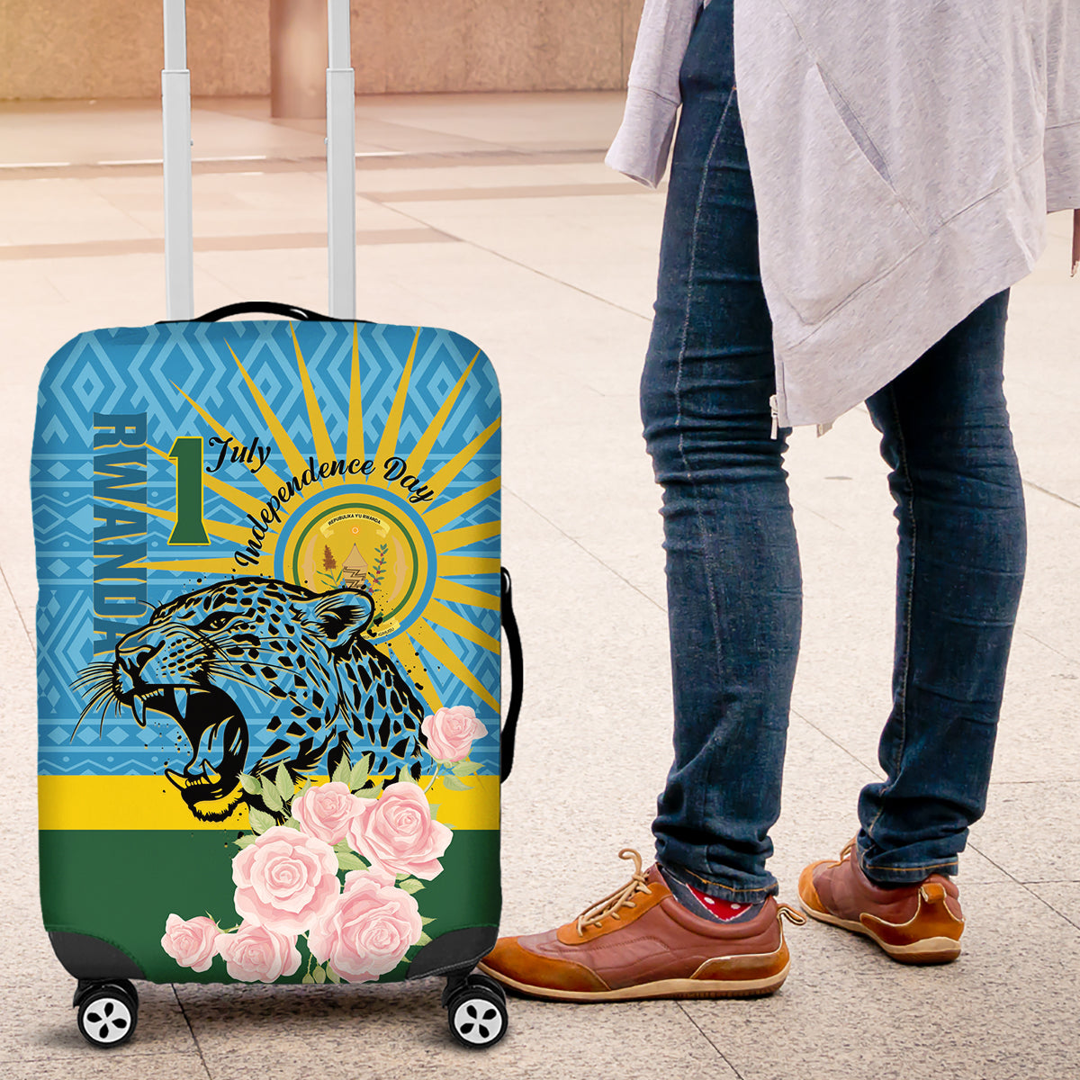 Rwanda Independence Day Luggage Cover Leopard With Roses