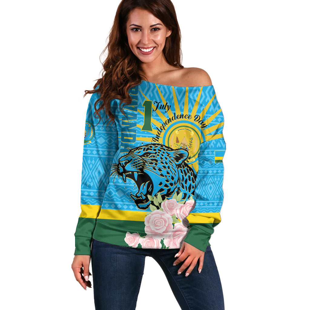 Rwanda Independence Day Off Shoulder Sweater Leopard With Roses