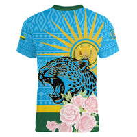 Rwanda Independence Day Women V-Neck T-Shirt Leopard With Roses - Wonder Print Shop