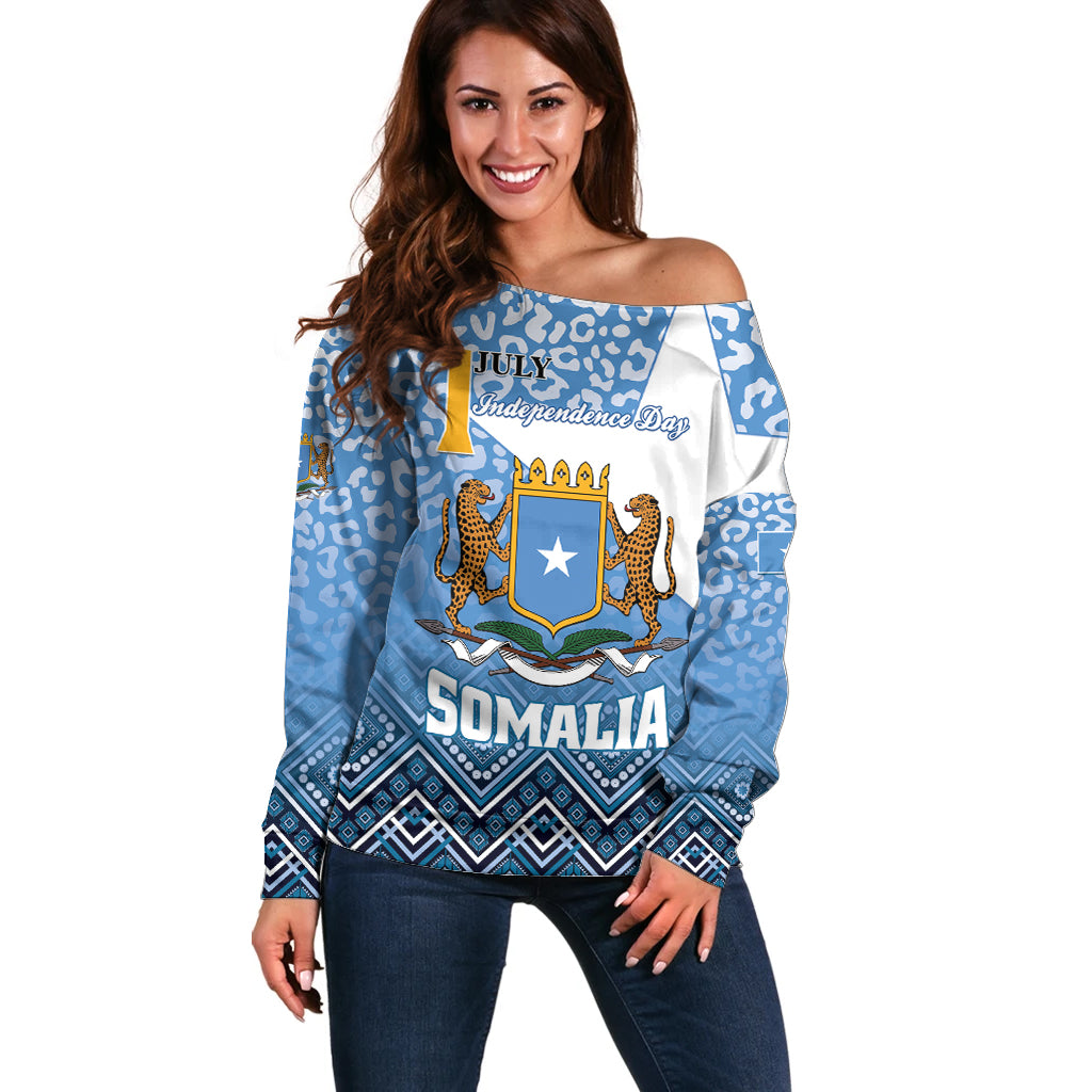 Personalized Somalia Independence Day 2024 Off Shoulder Sweater Somali Star Leopard Mix African Pattern
