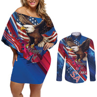 Personalized USA Independence Day 2024 Couples Matching Off Shoulder Short Dress and Long Sleeve Button Shirt United States Eagle - Wonder Print Shop