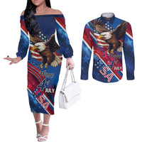 Personalized USA Independence Day 2024 Couples Matching Off The Shoulder Long Sleeve Dress and Long Sleeve Button Shirt United States Eagle