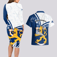 Finland Couples Matching Long Sleeve Bodycon Dress and Hawaiian Shirt Suomi Lion With Lily of the Valley - Wonder Print Shop