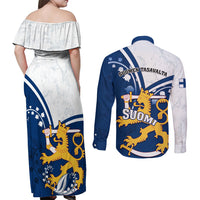 Finland Couples Matching Off Shoulder Maxi Dress and Long Sleeve Button Shirts Suomi Lion With Lily of the Valley - Wonder Print Shop