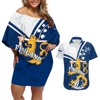 Finland Couples Matching Off Shoulder Short Dress and Hawaiian Shirt Suomi Lion With Lily of the Valley - Wonder Print Shop