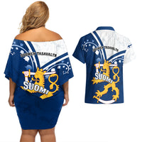 Finland Couples Matching Off Shoulder Short Dress and Hawaiian Shirt Suomi Lion With Lily of the Valley - Wonder Print Shop