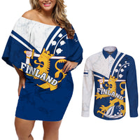 Finland Couples Matching Off Shoulder Short Dress and Long Sleeve Button Shirts Suomi Lion With Lily of the Valley - Wonder Print Shop