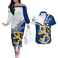 Finland Couples Matching Off The Shoulder Long Sleeve Dress and Hawaiian Shirt Suomi Lion With Lily of the Valley - Wonder Print Shop