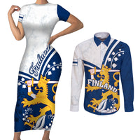 Finland Couples Matching Short Sleeve Bodycon Dress and Long Sleeve Button Shirts Suomi Lion With Lily of the Valley - Wonder Print Shop