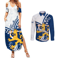 Finland Couples Matching Summer Maxi Dress and Long Sleeve Button Shirts Suomi Lion With Lily of the Valley - Wonder Print Shop