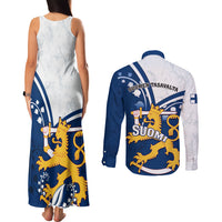 Finland Couples Matching Tank Maxi Dress and Long Sleeve Button Shirts Suomi Lion With Lily of the Valley - Wonder Print Shop
