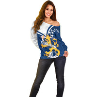 Finland Off Shoulder Sweater Suomi Lion With Lily of the Valley - Wonder Print Shop