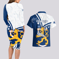Personalised Finland Couples Matching Long Sleeve Bodycon Dress and Hawaiian Shirt Suomi Lion With Lily of the Valley - Wonder Print Shop