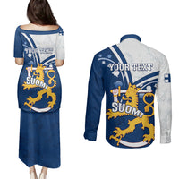 Personalised Finland Couples Matching Puletasi Dress and Long Sleeve Button Shirts Suomi Lion With Lily of the Valley - Wonder Print Shop