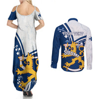 Personalised Finland Couples Matching Summer Maxi Dress and Long Sleeve Button Shirts Suomi Lion With Lily of the Valley - Wonder Print Shop