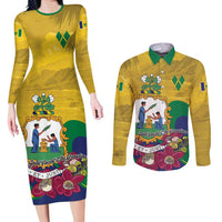 Personalized Saint Vincent and the Grenadines Couples Matching Long Sleeve Bodycon Dress and Long Sleeve Button Shirt Cannonball Flower Tropical Style - Wonder Print Shop