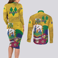 Personalized Saint Vincent and the Grenadines Couples Matching Long Sleeve Bodycon Dress and Long Sleeve Button Shirt Cannonball Flower Tropical Style - Wonder Print Shop