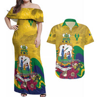 Personalized Saint Vincent and the Grenadines Couples Matching Off Shoulder Maxi Dress and Hawaiian Shirt Cannonball Flower Tropical Style - Wonder Print Shop