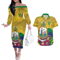 Personalized Saint Vincent and the Grenadines Couples Matching Off The Shoulder Long Sleeve Dress and Hawaiian Shirt Cannonball Flower Tropical Style - Wonder Print Shop