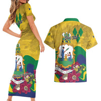 Personalized Saint Vincent and the Grenadines Couples Matching Short Sleeve Bodycon Dress and Hawaiian Shirt Cannonball Flower Tropical Style - Wonder Print Shop