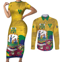 Personalized Saint Vincent and the Grenadines Couples Matching Short Sleeve Bodycon Dress and Long Sleeve Button Shirt Cannonball Flower Tropical Style - Wonder Print Shop
