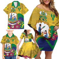 Personalized Saint Vincent and the Grenadines Family Matching Off Shoulder Short Dress and Hawaiian Shirt Cannonball Flower Tropical Style - Wonder Print Shop