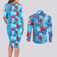 Hawaii Christmas Couples Matching Long Sleeve Bodycon Dress and Long Sleeve Button Shirt Santa Claus Surfing Kakau Tropical Style - Wonder Print Shop